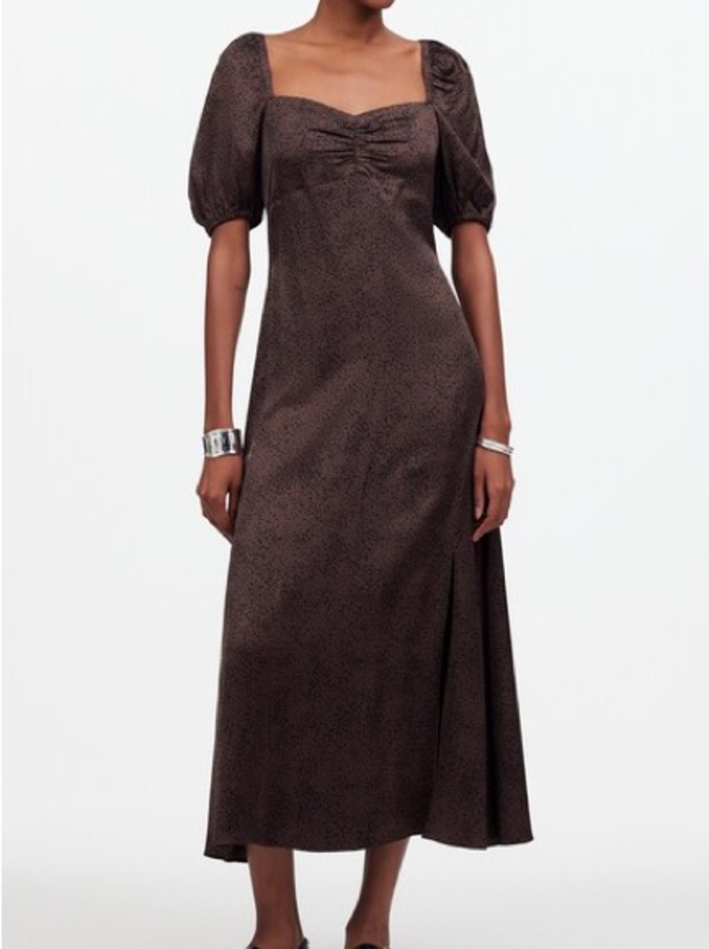 Madewell Puff-Sleeve Sweetheart Midi Dress in Dark Coffee